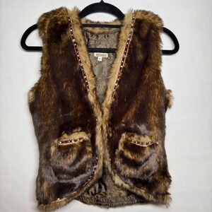Baxis & Baxis Women Faux Fur Furry Vest Embellished Pockets Brown Size Petite P